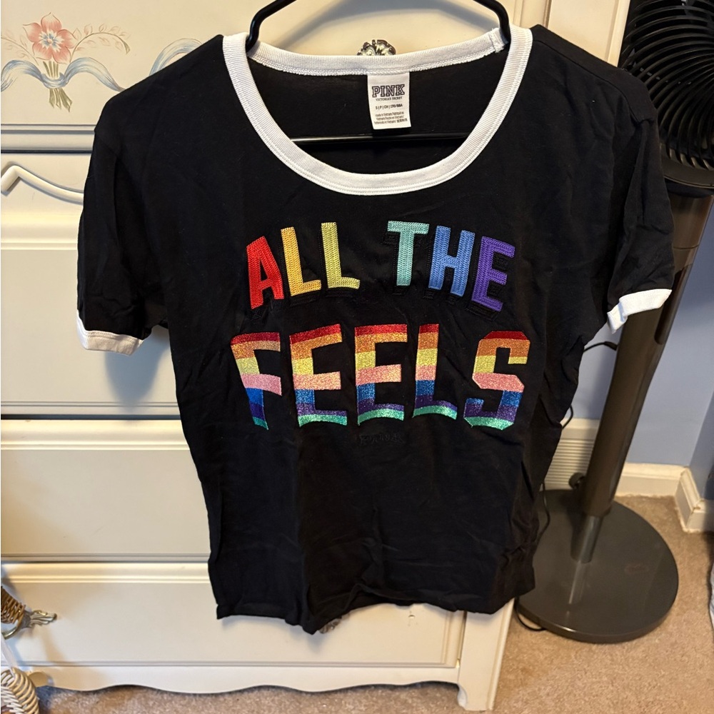 PINK Victoria's Secret Black and Blue Short Sleeve Tee with Rainbow Text